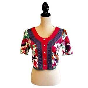 Vintage Suttles & Seawinds Cropped Cotton Fruit Garden Girl Top, S, Colourful